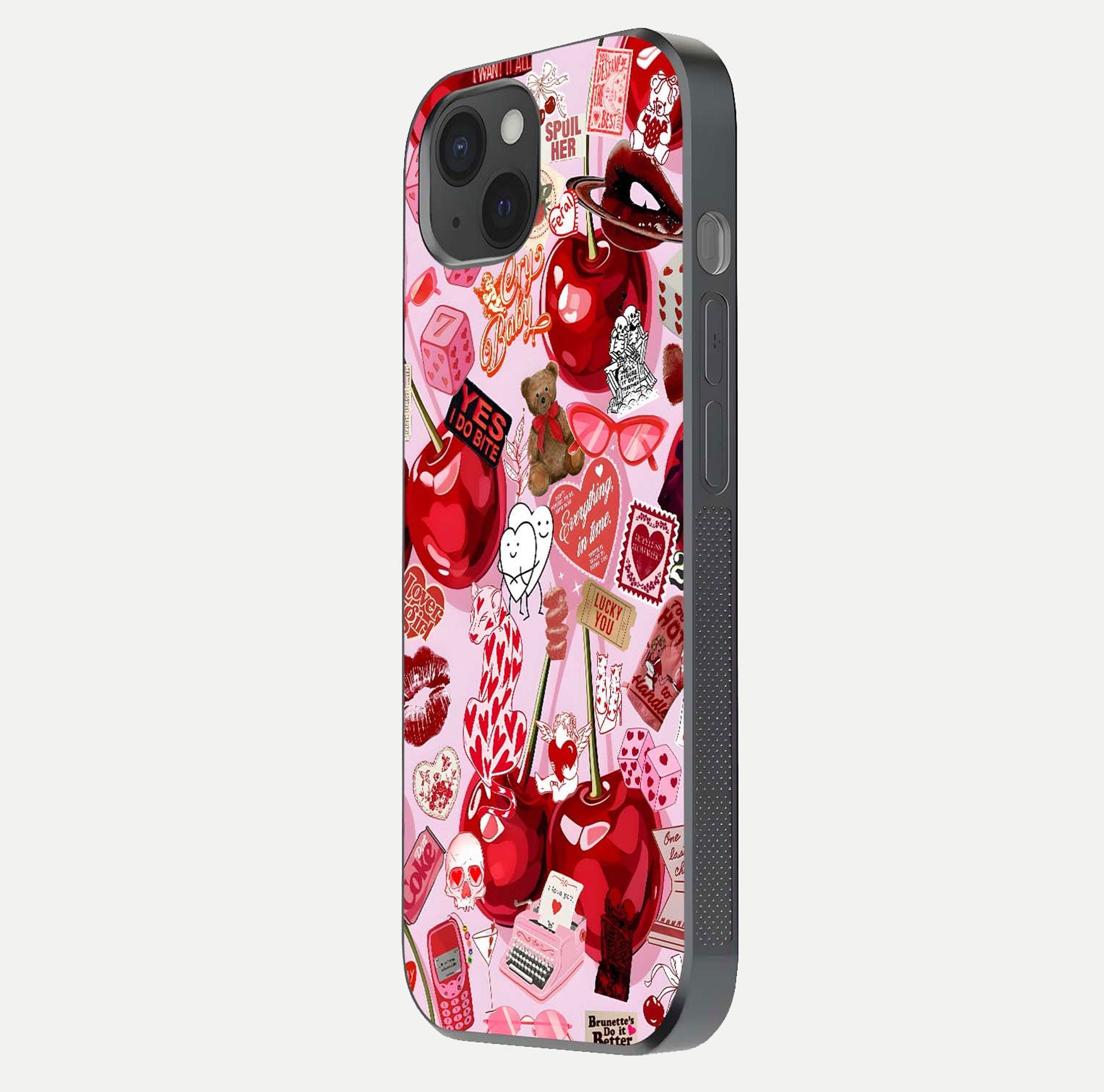 Sweet Cherry Chaos Glass Case for iPhone 15 Plus side-angle image showing shine, gloss, and cherry details