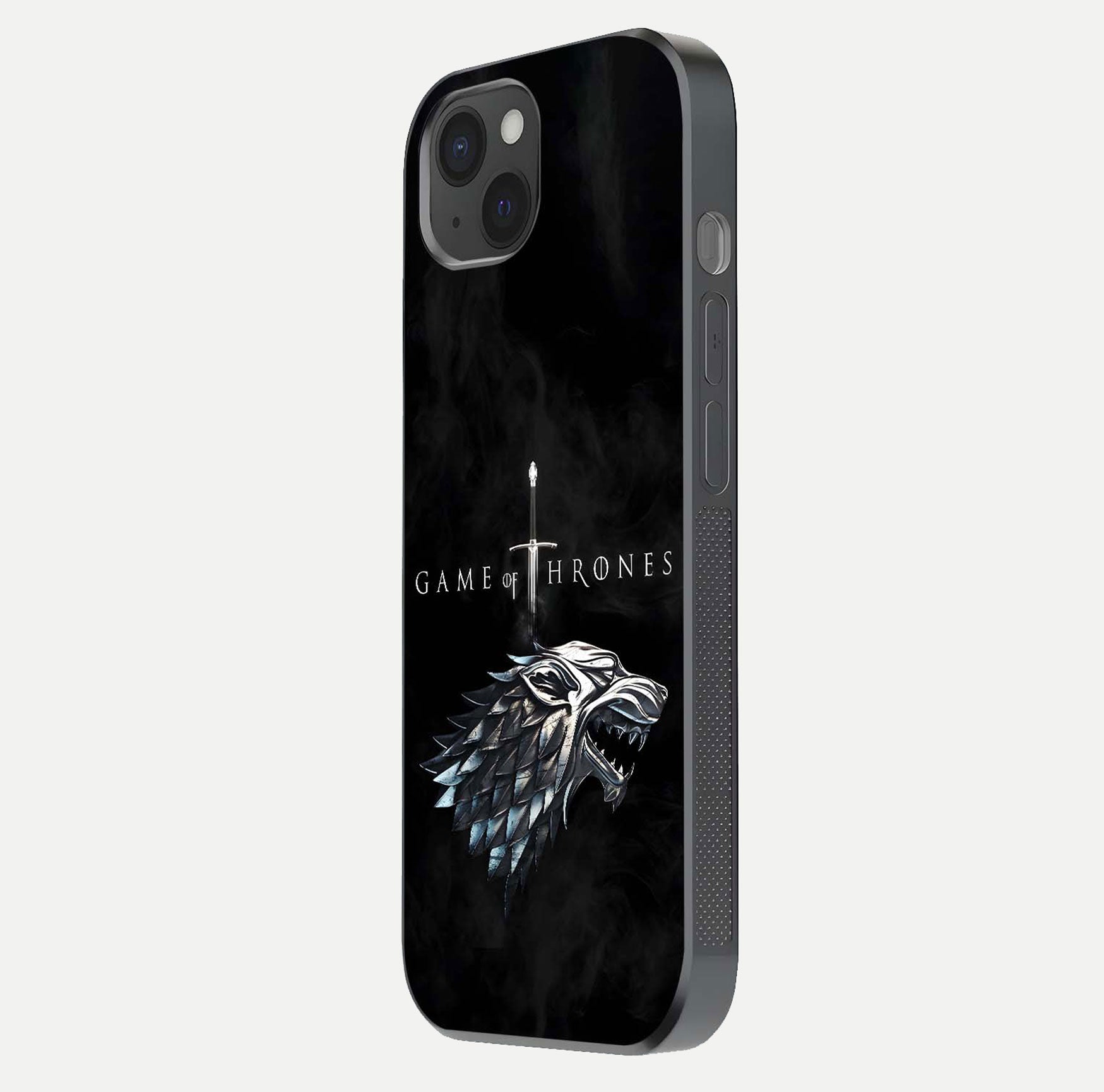 Throne Wolf Legacy Glass Case for iPhone 15 Plus side-angle image showing gloss, texture, and HD print