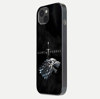 Throne Wolf Legacy Glass Case for iPhone 15 Plus side-angle image showing gloss, texture, and HD print