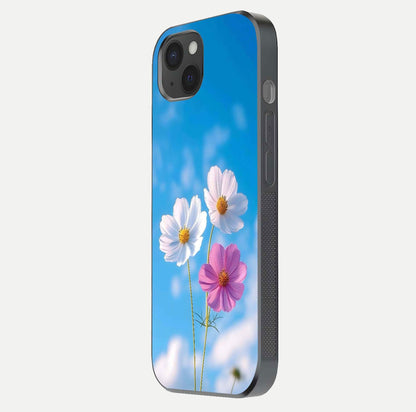 Triple Flowers With Sky Glass Case for iPhone 15 Plus side-angle image showing gloss, texture, and floral design