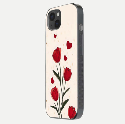 Tulip With Heart Glass Case for iPhone 15 Plus side-angle image showing floral reflection and subtle gradient