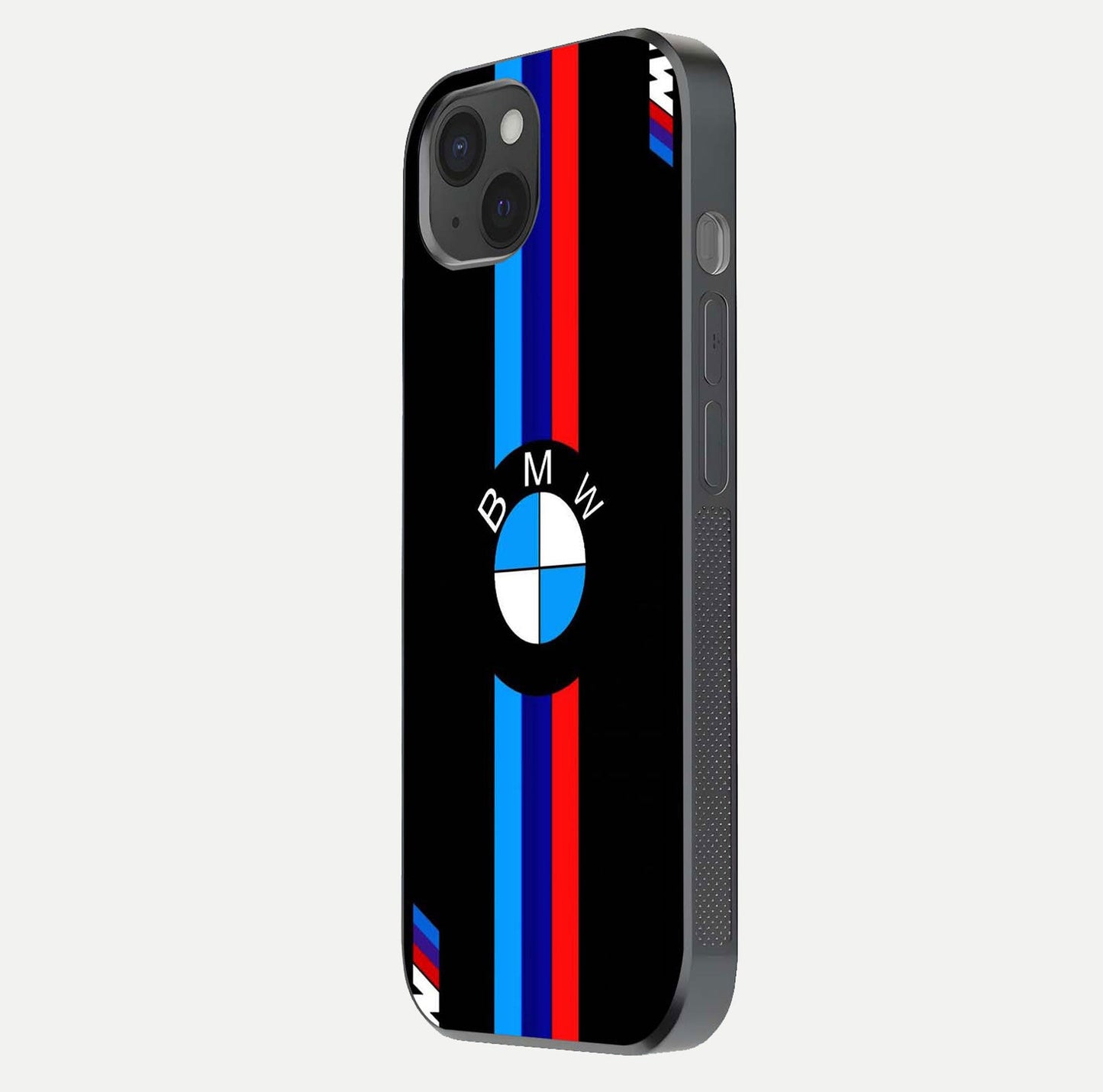Turbo BMW Beast Glass Case for iPhone 15 Plus side-angle image showing reflection and sleek edge styling