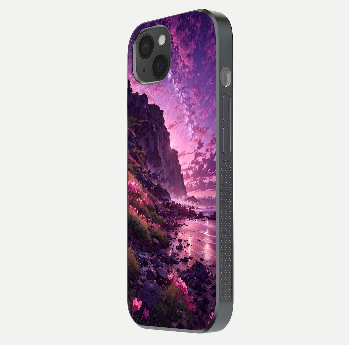 Twilight Blossom Coast Glass Case for iPhone 15 Plus side-angle image showing shine, reflection, and petal tone