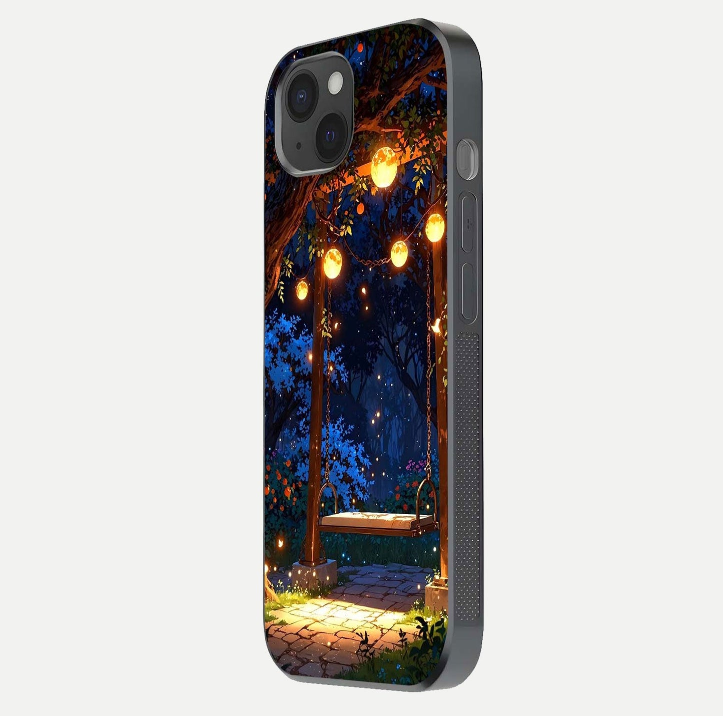 Twilight Garden Swing Glass Case for iPhone 15 Plus side-angle image showing reflection, gloss, and scenic depth