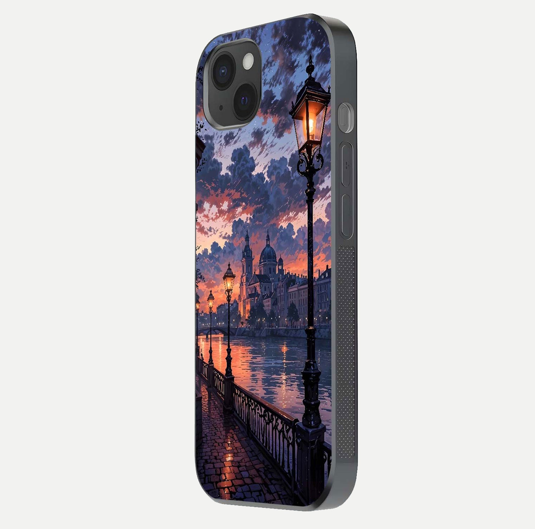Twilight River Lights Glass Case for iPhone 15 Plus side-angle image showing reflections, lighting, and gradient tones