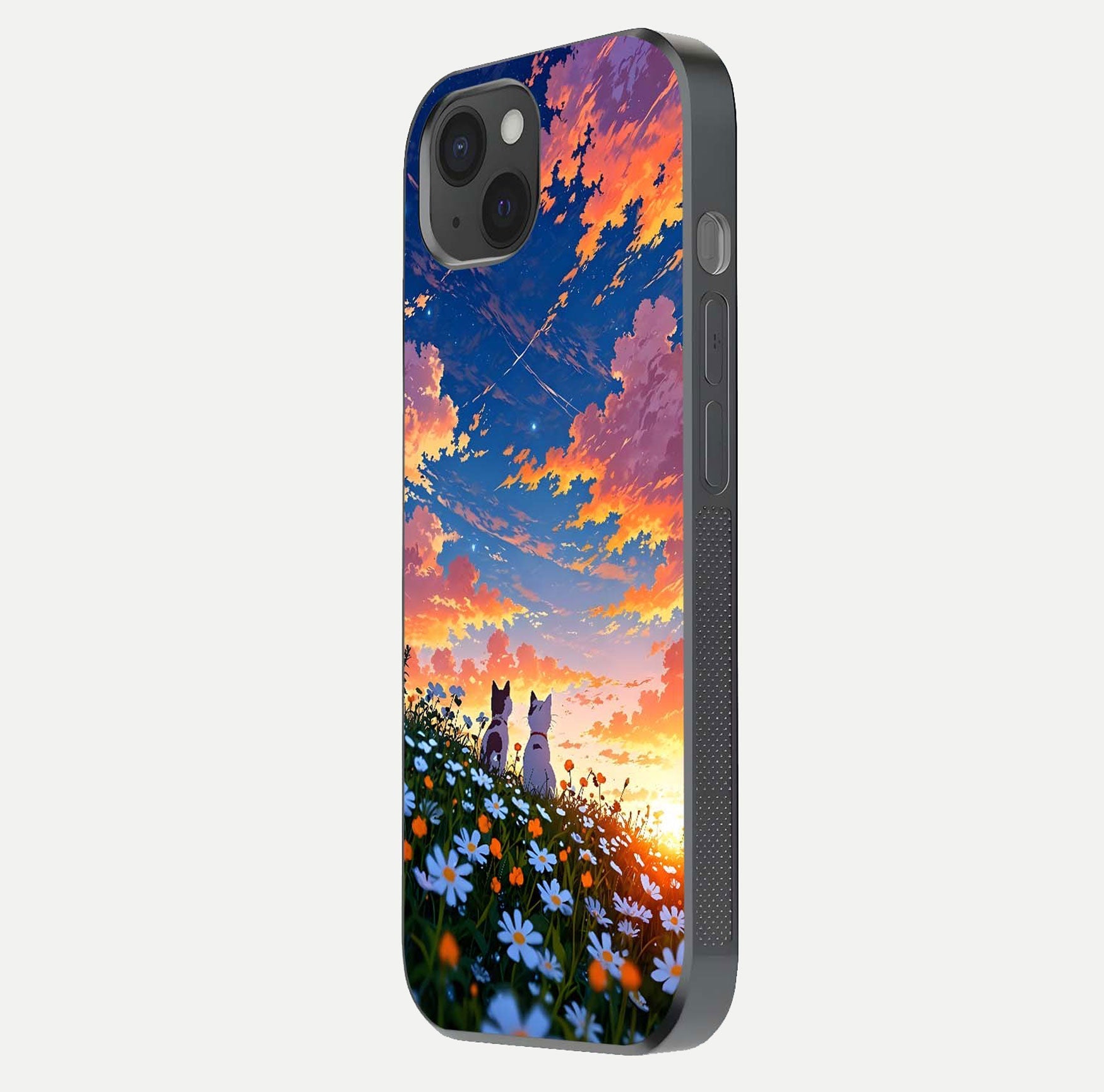 Two Cats Friends Glass Case for iPhone 15 Plus side-angle image showing reflection, gloss, and color depth