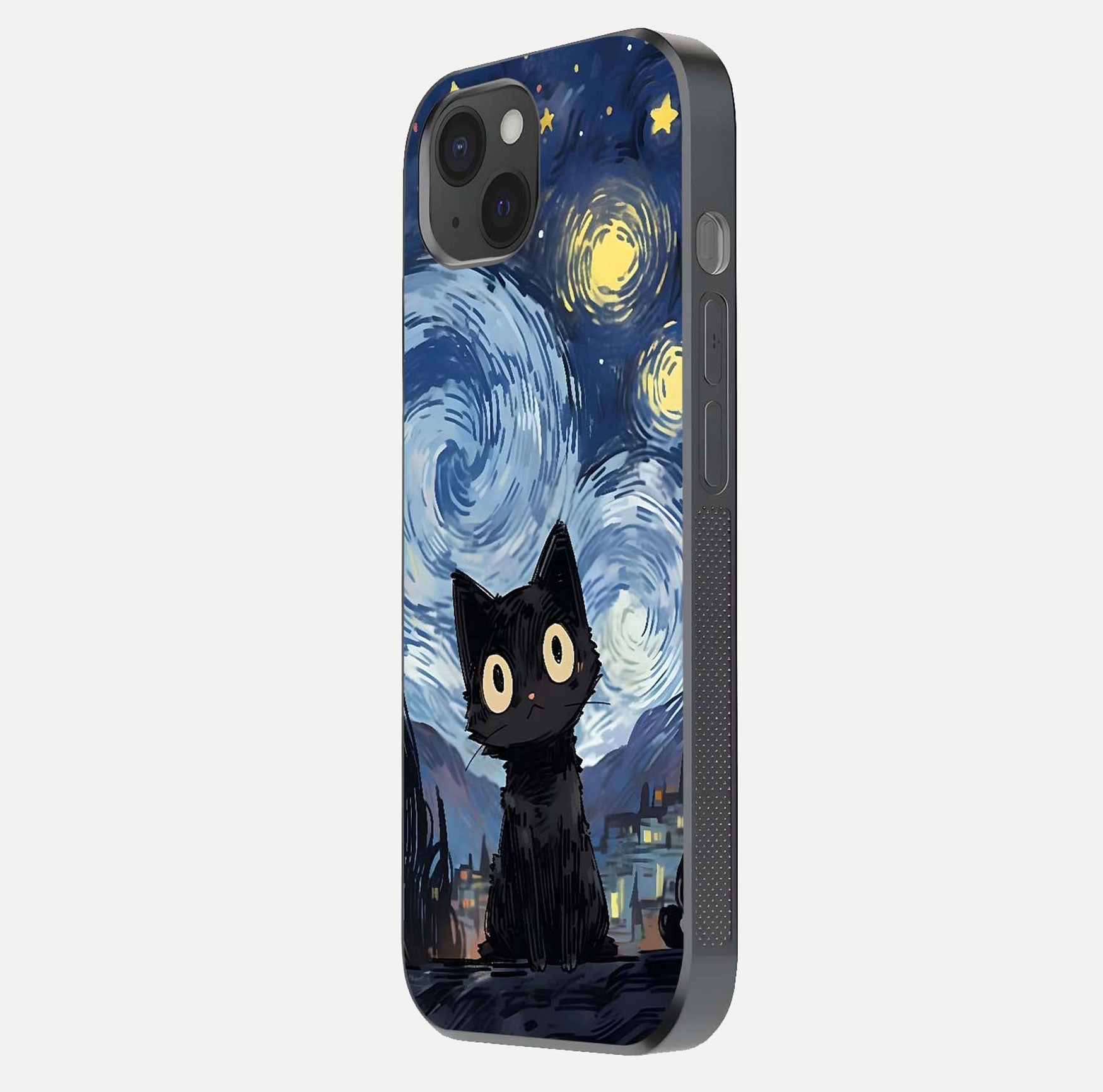 Van Gogh Cat Glass Case for iPhone 15 Plus side-angle image showing light reflection and vivid artwork