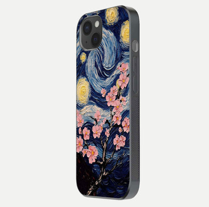 Van Gogh Scenery Glass Case for iPhone 15 Plus side-angle image showing shine, gloss, and scenic color palette
