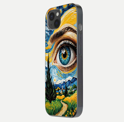 Van Gogh Eye Glass Case for iPhone 15 Plus side-angle image showing reflection, gloss, and artistic contrast