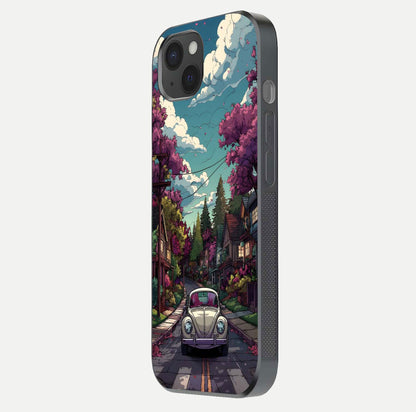 Vintage Street Drive Glass Case for iPhone 15 Plus side-angle image showing gloss reflection and design detail