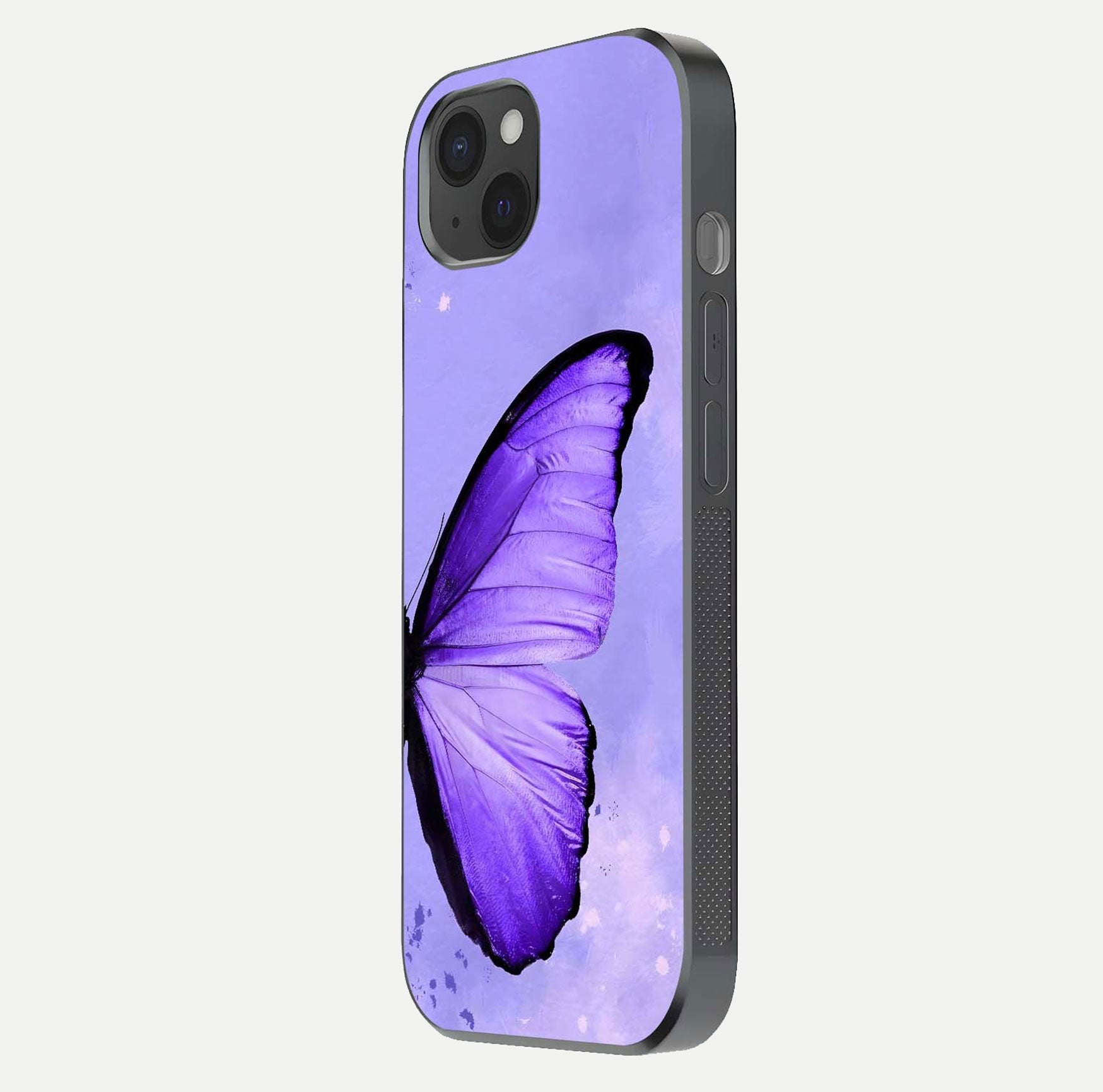 Violet Dream Wing Glass Case for iPhone 15 Plus side-angle image showing gloss, shine, and violet gradient