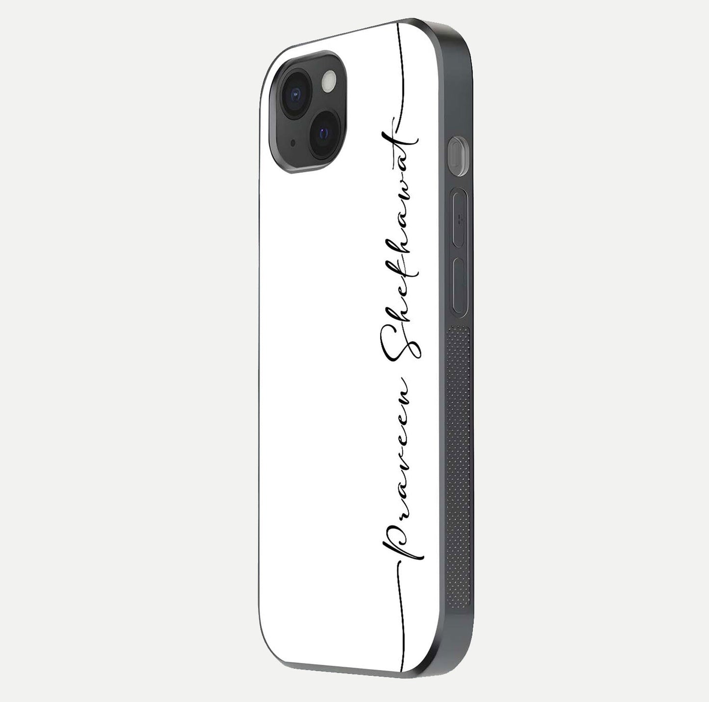 White Tune Custom Name Glass Case for iPhone 15 Plus side-angle image showing shine, gloss, and minimal tone