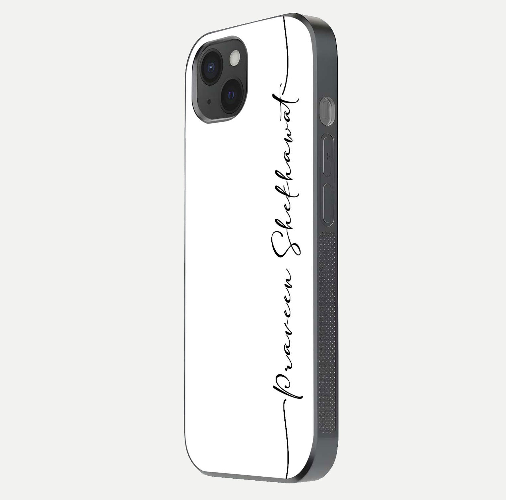 White Tune Custom Name Glass Case for iPhone 15 Plus side-angle image showing shine, gloss, and minimal tone