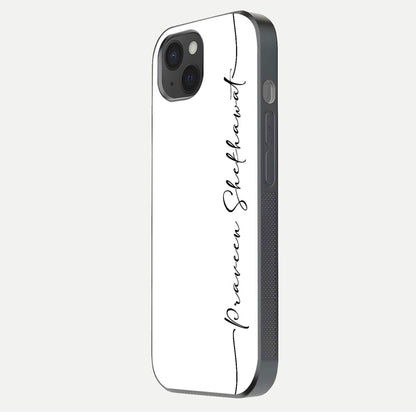 White Tune Custom Name Glass Case for iPhone 15 Plus side-angle image showing shine, gloss, and minimal tone