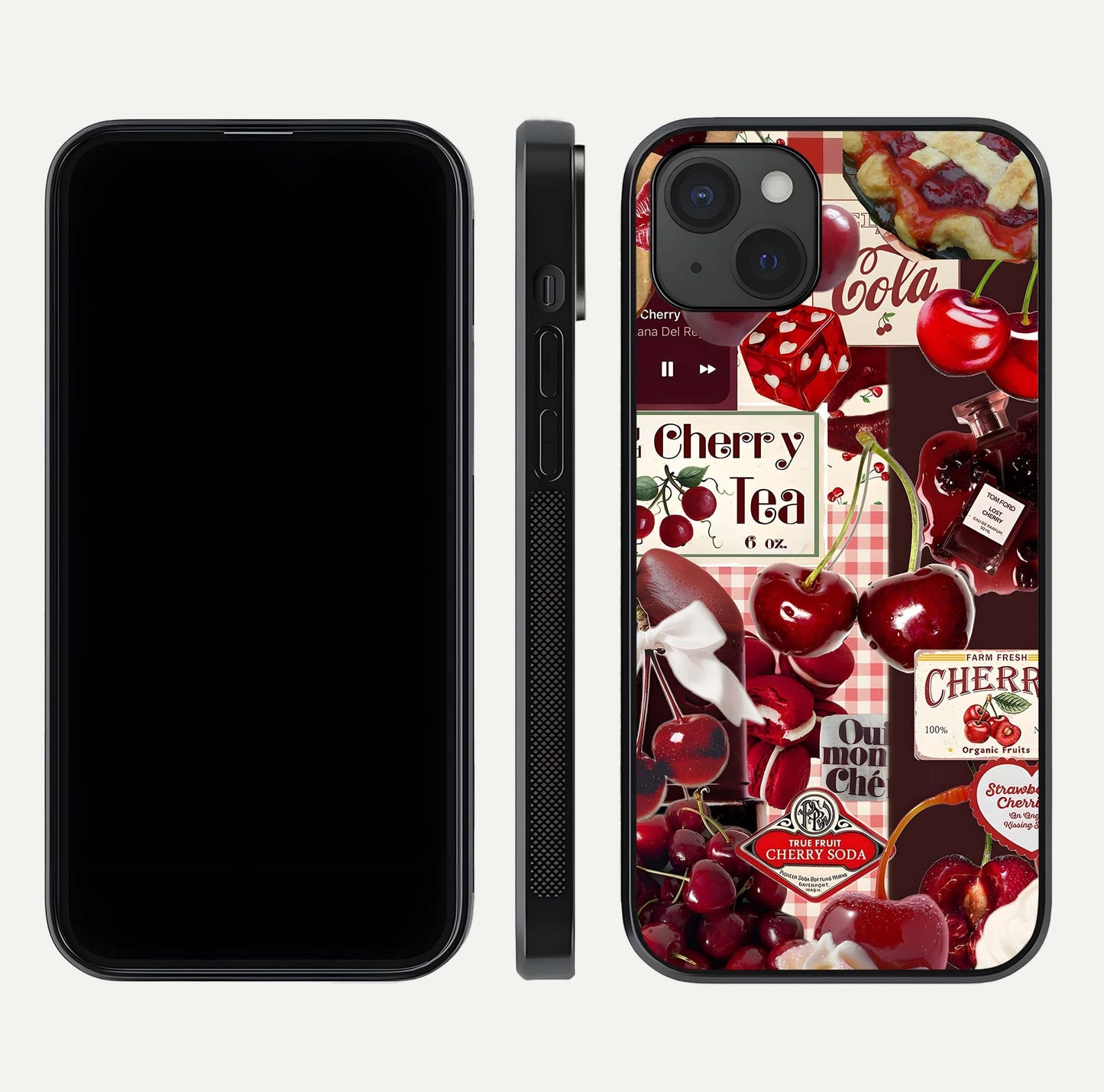 Aesthetic Cherry Tea Glass Case for iPhone 15 Plus front and back view layout showing black front display and artistic cherry-themed glass back