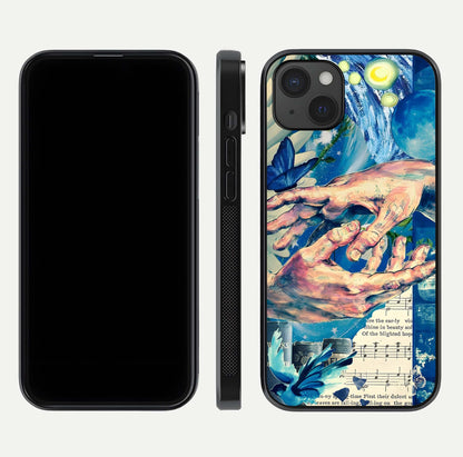 Aesthetic Divider Glass Case for iPhone 15 Plus front and back view layout showing black front display and minimal divider glass back