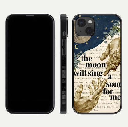 Aesthetic Divine Glass Case for iPhone 15 Plus front and back view layout showing black front display and divine art glass back