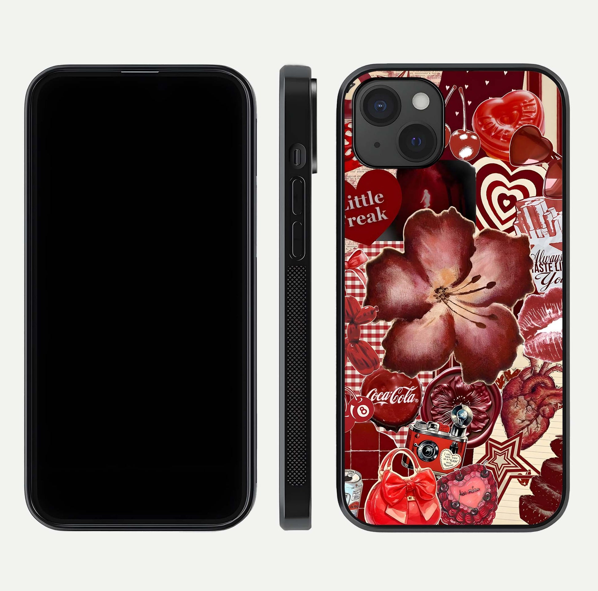 Aesthetic Little Freak Glass Case for iPhone 15 Plus front and back view layout showing black front display and trendy collage glass back
