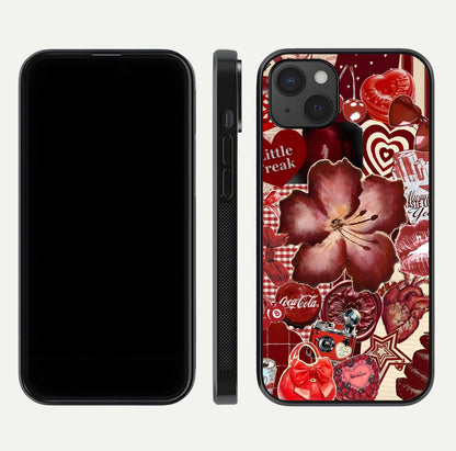 Aesthetic Little Freak Glass Case for iPhone 15 Plus front and back view layout showing black front display and trendy collage glass back