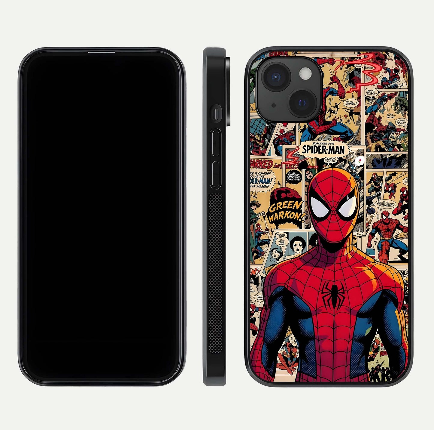 Aesthetic Spider Man Glass Case for iPhone 15 Plus front and back view layout showing black front display and Spider-Man art glass back