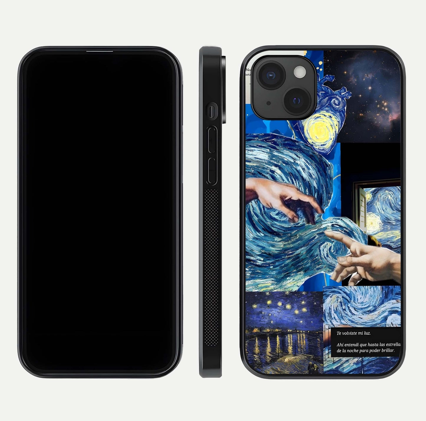 Aesthetic Vando Hands Glass Case for iPhone 15 Plus front and back layout highlighting camera cutout and premium glass shine