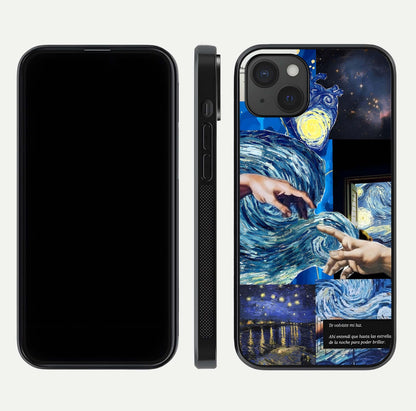 Aesthetic Vando Hands Glass Case for iPhone 15 Plus front and back layout highlighting camera cutout and premium glass shine