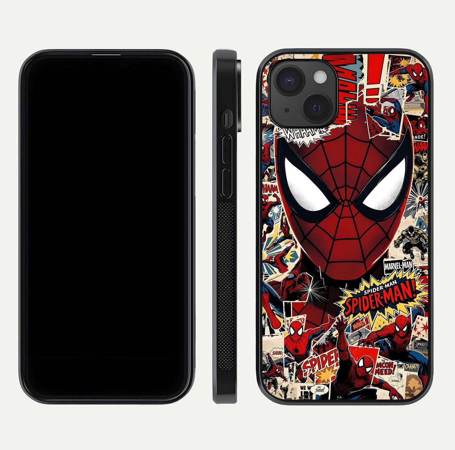 Aesthetic Wonder Spider Glass Case for iPhone 15 Plus dual-view layout showing premium glass shine and strong edge design