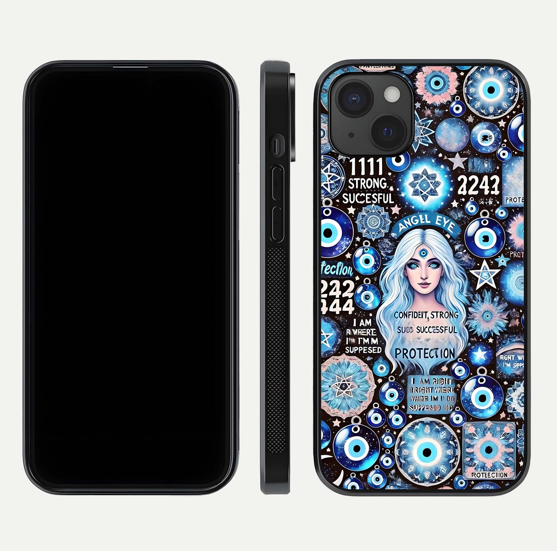 Angel Aura Shield Glass Case for iPhone 15 Plus front and back display highlighting glass clarity and spiritual design