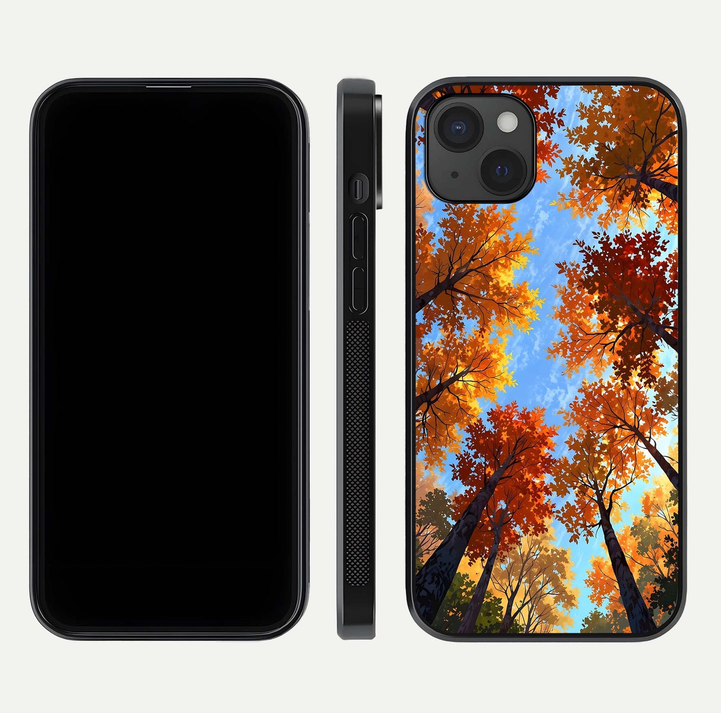 Autumn Sky Rise Glass Case for iPhone 15 Plus front and back layout showing sky print and edge smoothness