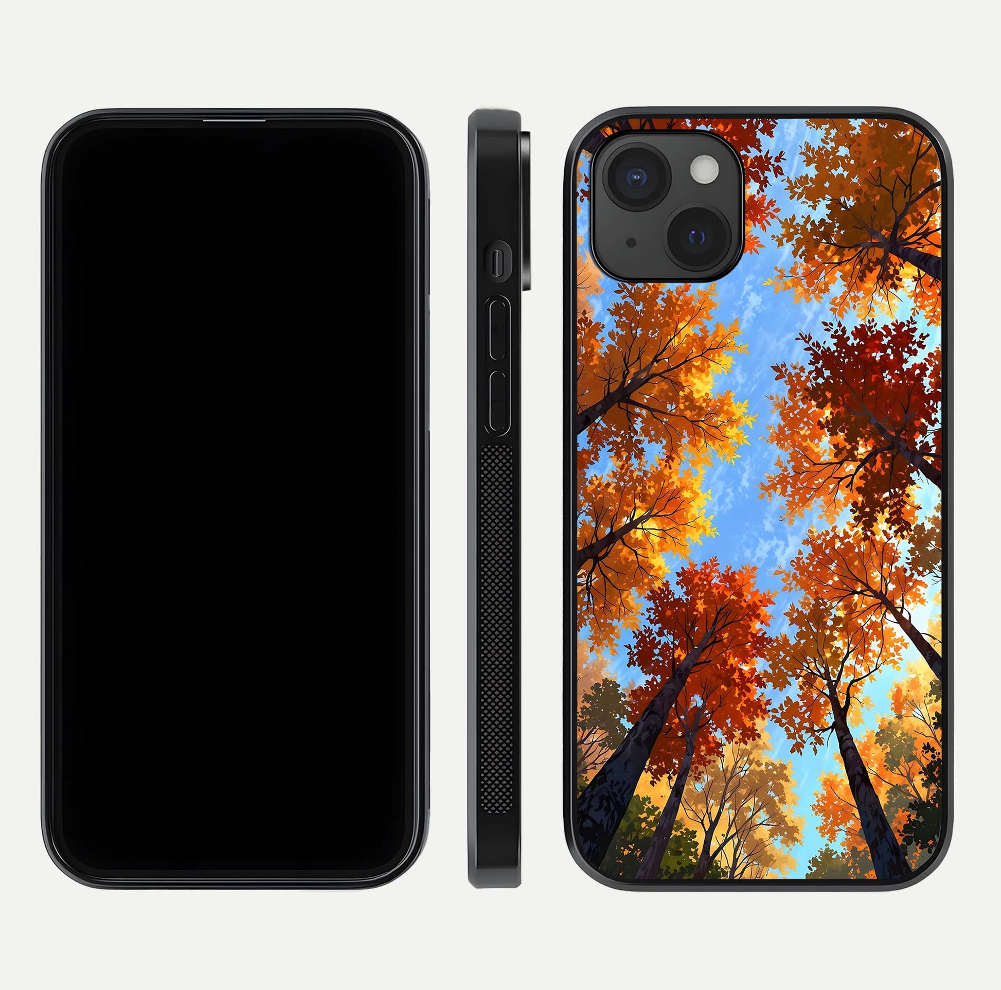 Autumn Sky Rise Glass Case for iPhone 15 Plus front and back layout showing sky print and edge smoothness