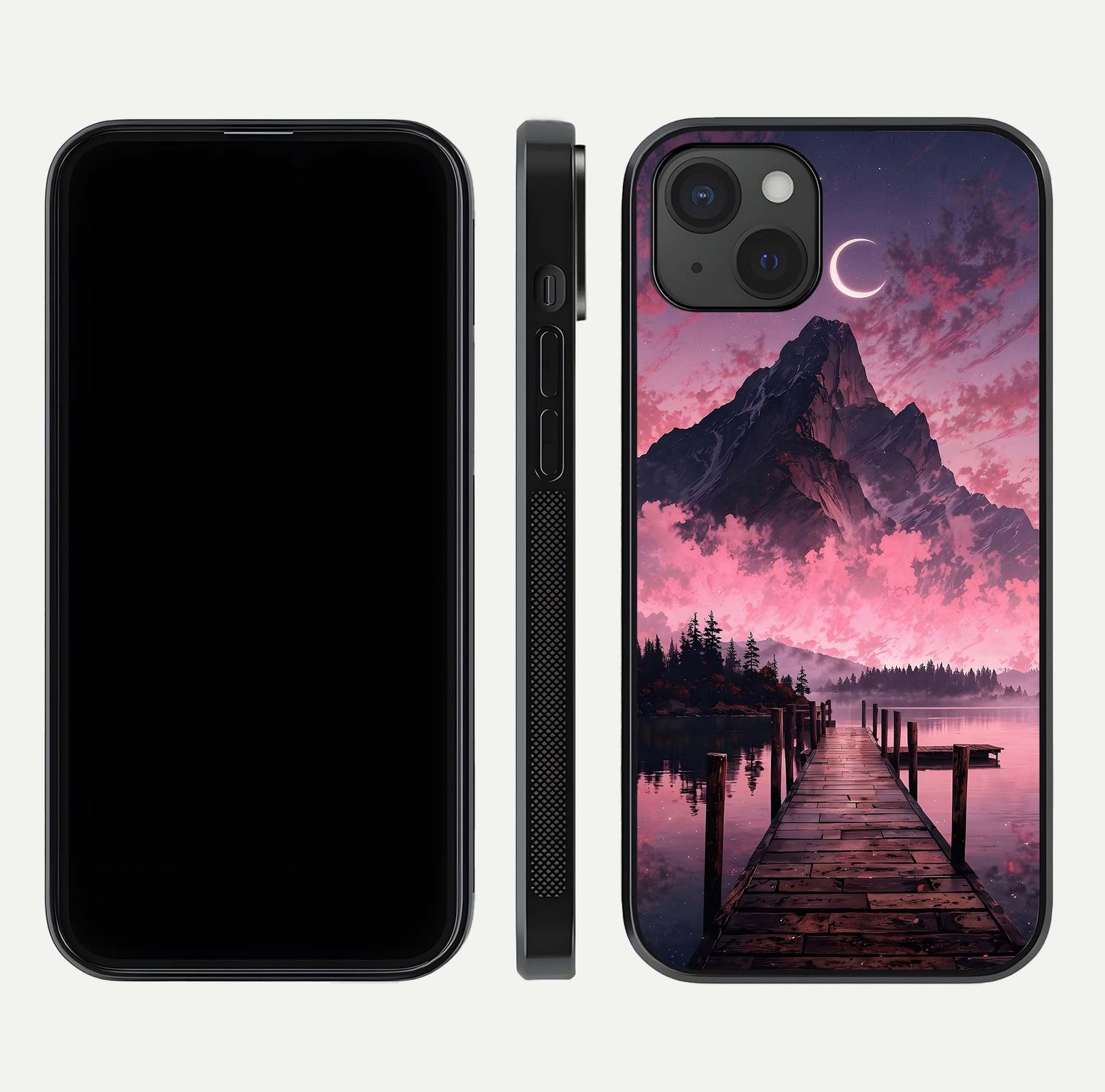 Beautyful Mountain View Glass Case for iPhone 15 Plus front and back layout showcasing natural tones and clarity
