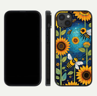 Bees & Sunflowers Glass Case for iPhone 15 Plus front-and-back layout highlighting nature-inspired artwork and protective edge