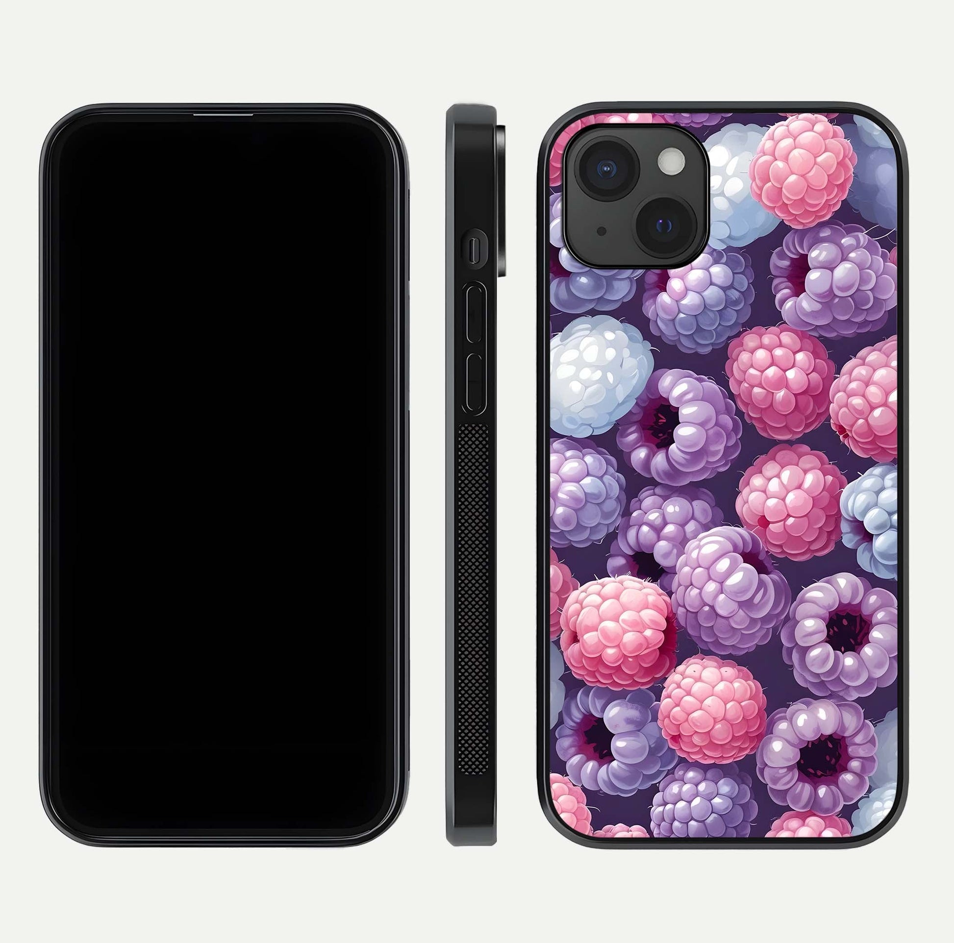 Berry Candy Pop Glass Case for iPhone 15 Plus front-and-back layout showing colorful pattern and sleek protective frame