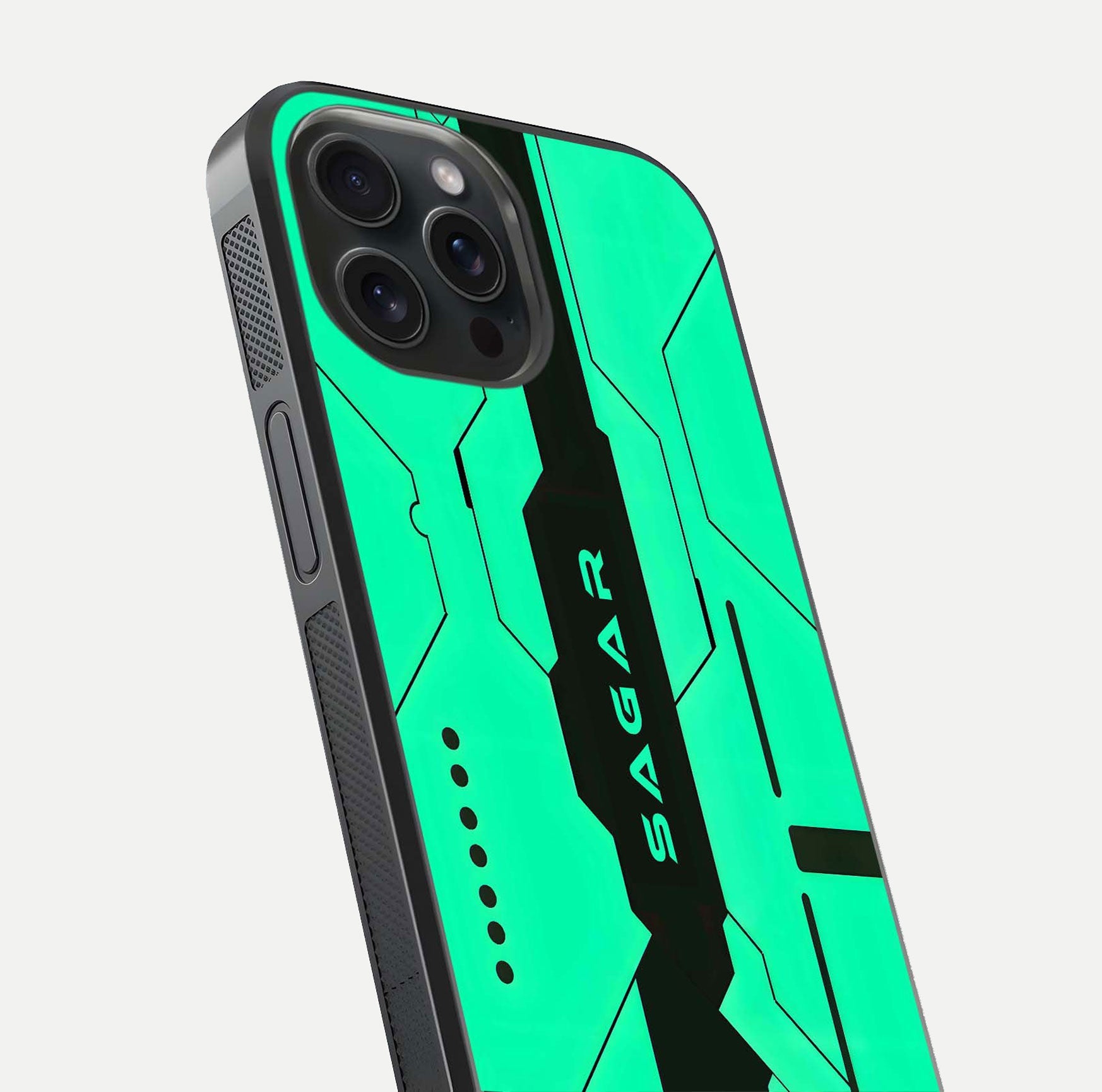 Aqua Tech CYBERPUNK Custom Name Glass Case for iPhone 15 Pro close-up angle showing futuristic blue lights and reflections