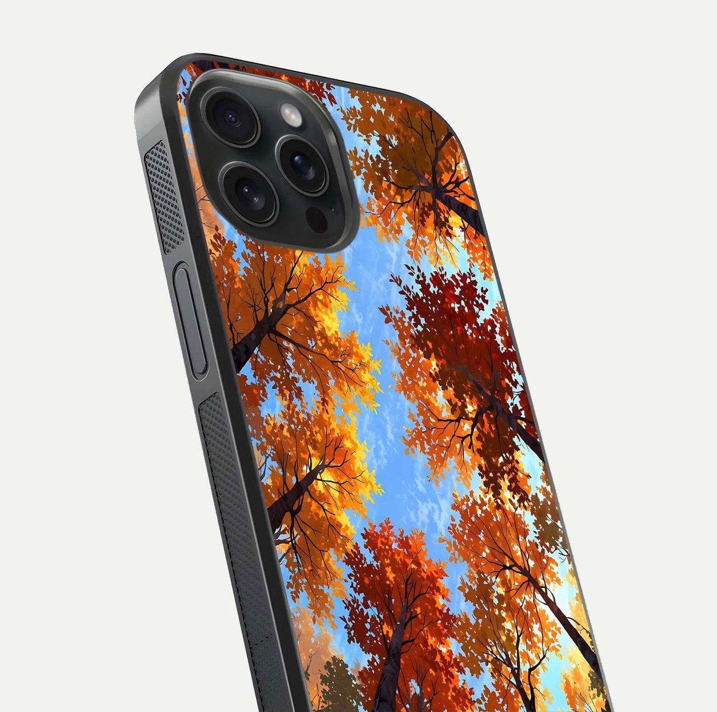 Autumn Sky Rise Glass Case for iPhone 15 Pro close-up shot of autumn tone details and HD shine reflection