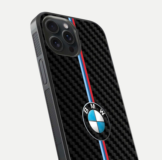 BMW Pattern Glass Case for iPhone 15 Pro close-up angle showing BMW logo detailing and high-reflect gloss texture