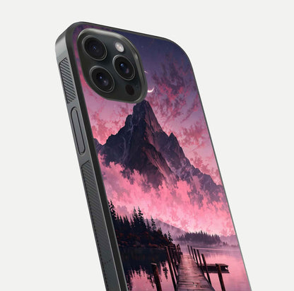 Beautyful Mountain View Glass Case for iPhone 15 Pro close-up angle highlighting landscape details and shine