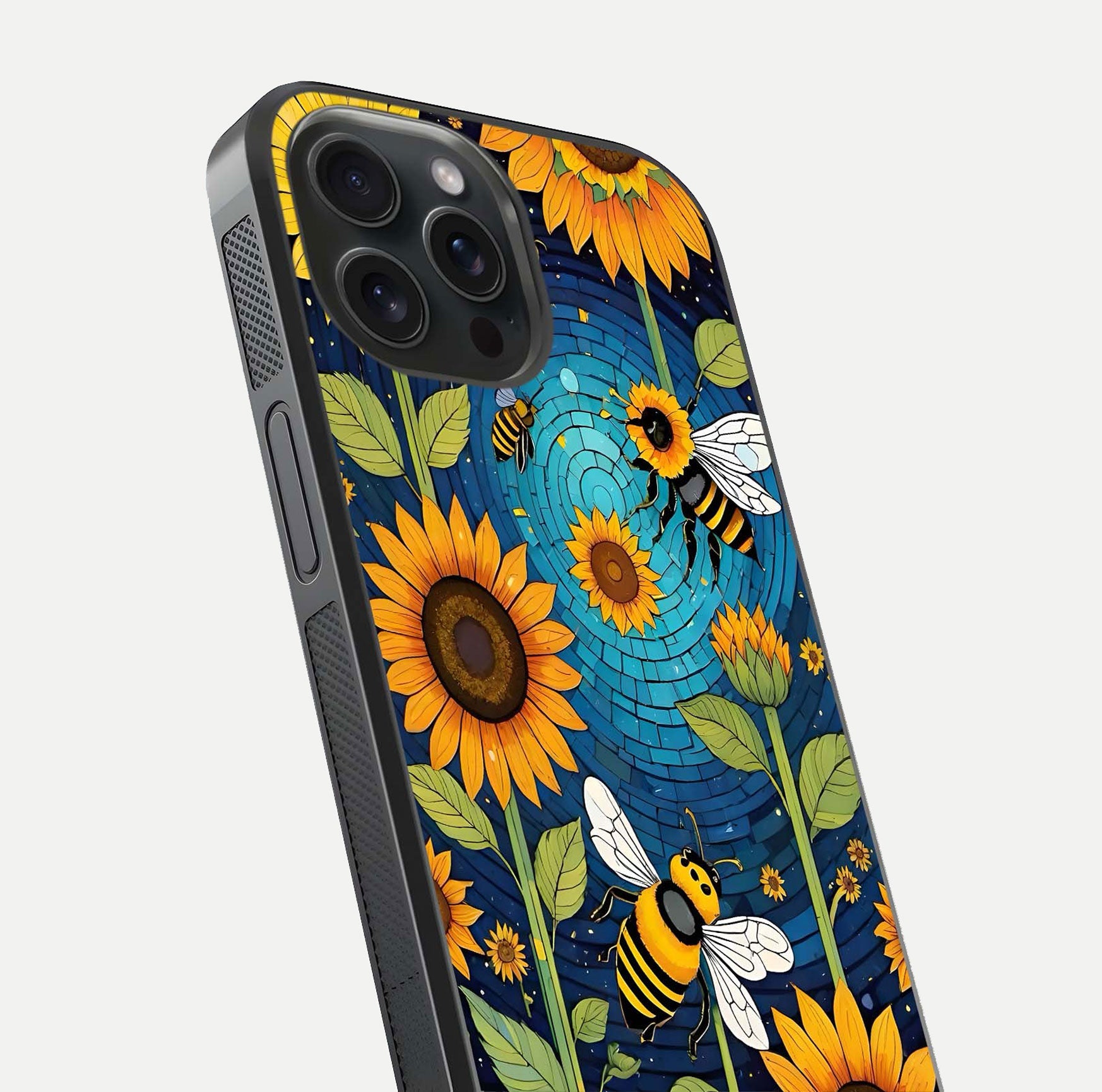 Bees & Sunflowers Glass Case for iPhone 15 Pro close-up angled shot showing detailed petals, bee prints, and glass reflection