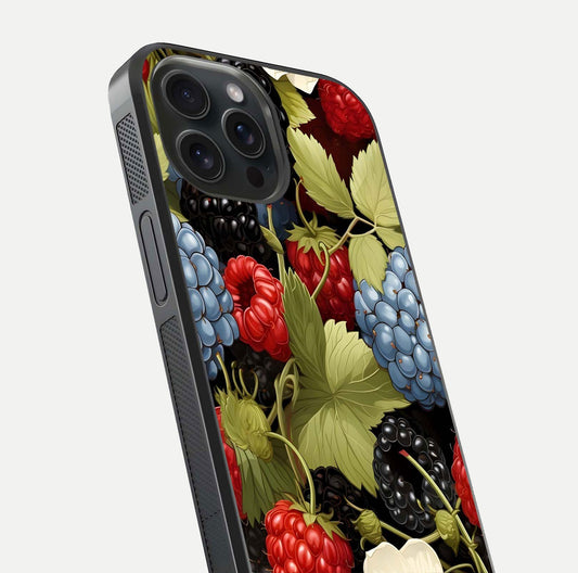 Berry Bloom Charm Glass Case for iPhone 15 Pro close-up view highlighting berry color tones and fine petal detailing