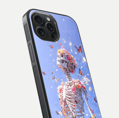 Bloom Beyond Bones Glass Case for iPhone 15 Pro close-up highlighting unique bone-floral fusion art and reflection