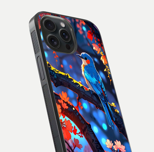 Blooming Spendor Bird Glass Case for iPhone 15 Pro close-up shot highlighting bird design details and glossy shine