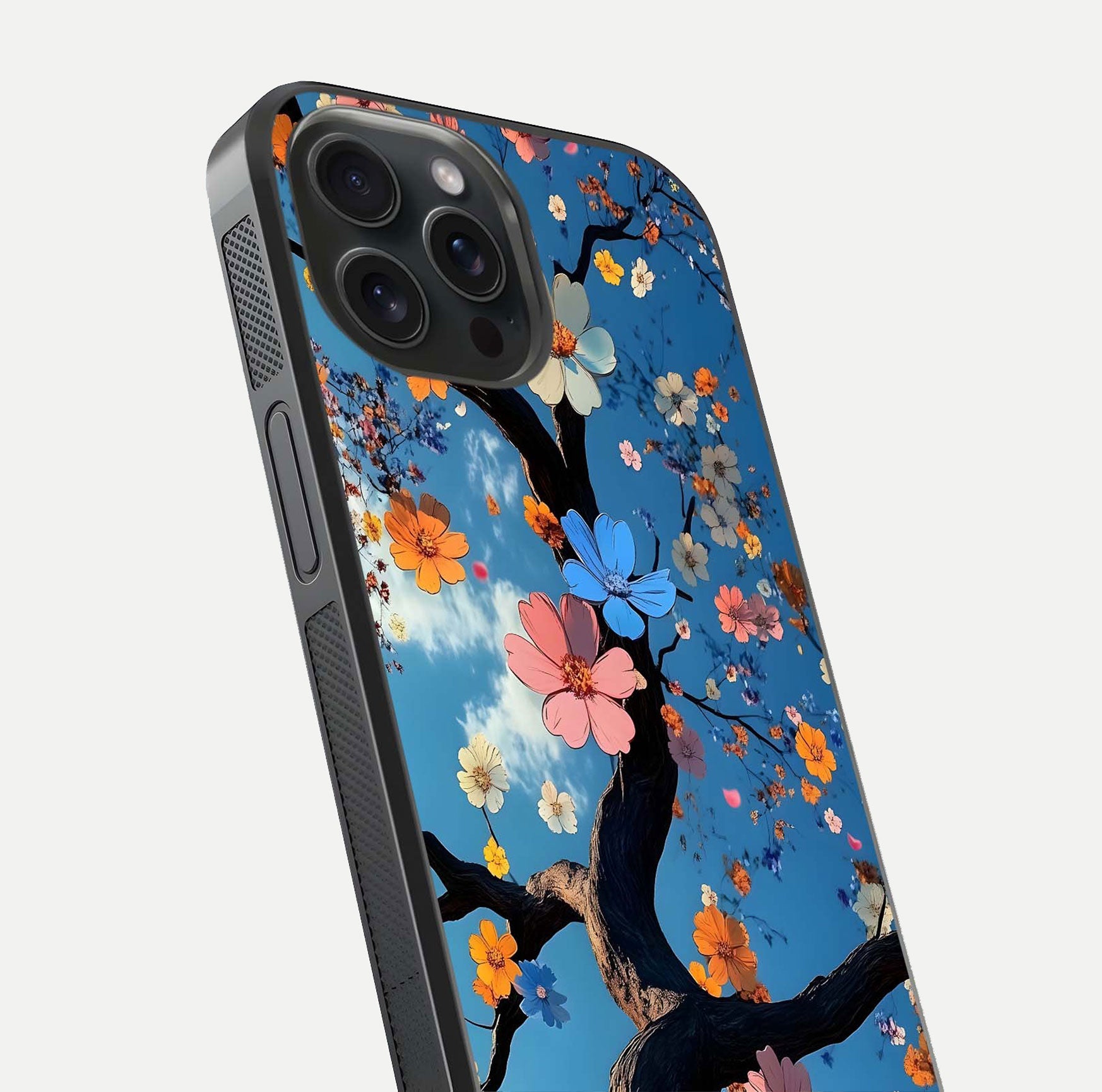 Blossom Dream Sky Glass Case for iPhone 15 Pro close-up shot highlighting dreamlike clouds and pink blossoms