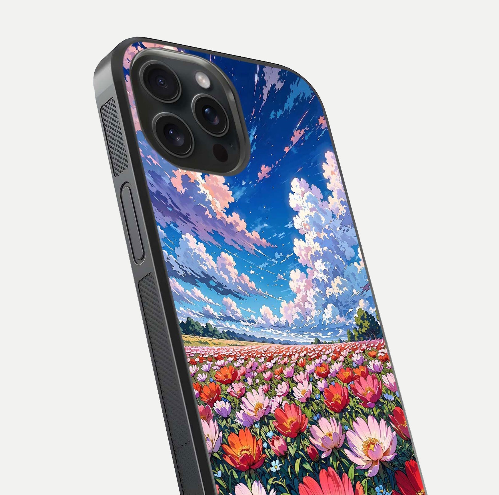 Blossom Sky Field Glass Case for iPhone 15 Pro close-up image showing petal patterns and subtle sky gradient