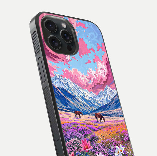 Blossom Valley Dream Glass Case for iPhone 15 Pro close-up view showing detailed flower print and pastel hues