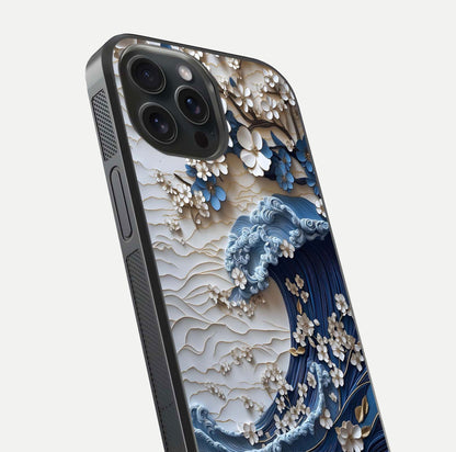 Blossom Wave Art Glass Case for iPhone 15 Pro close-up shot highlighting wave motion in floral art and reflection