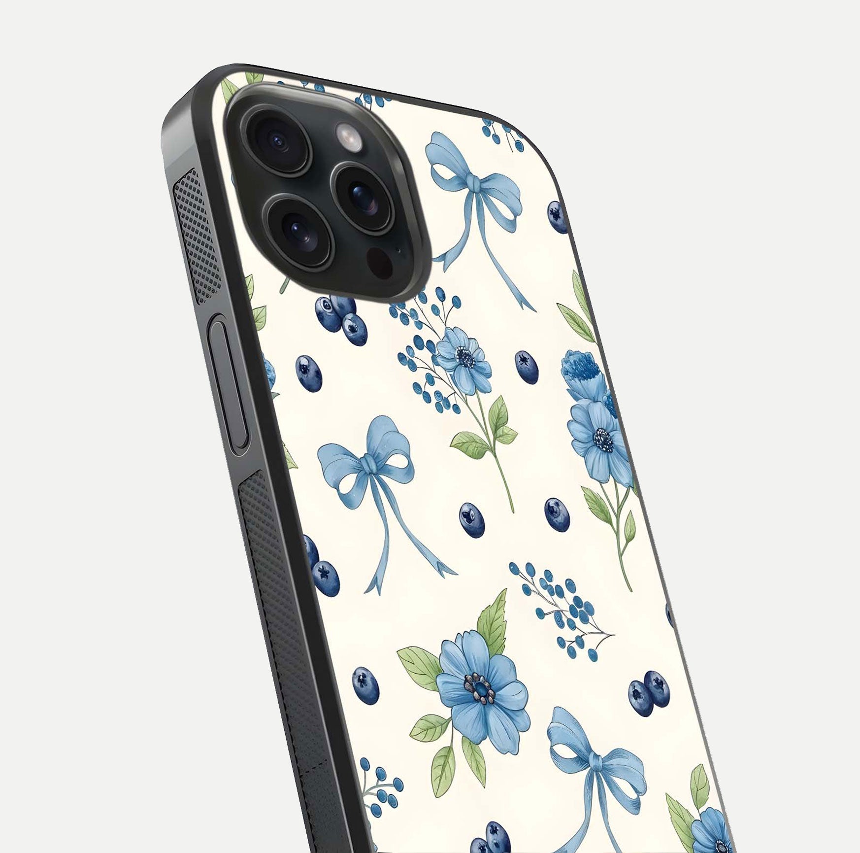 Blue Flower & Bow Glass Case for iPhone 15 Pro close-up shot highlighting ribbon detail and flower gloss finish
