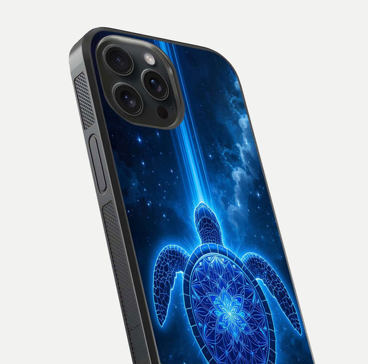 Blue Galaxy Turtle Glass Case for iPhone 15 Pro close-up image showing turtle shell detail and glowing galaxy tones