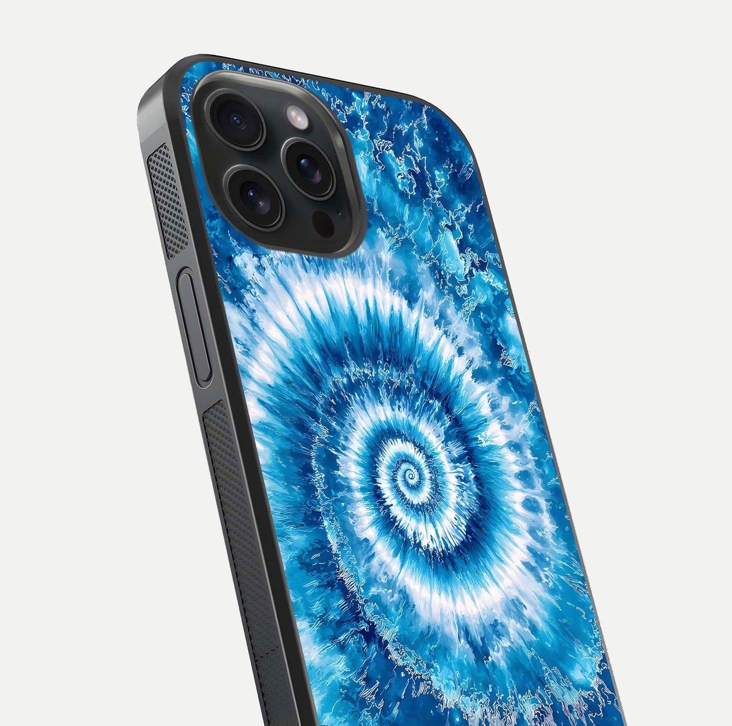 Blue Galaxy Wave Glass Case for iPhone 15 Pro close-up highlighting fluid wave motion and deep-blue reflection
