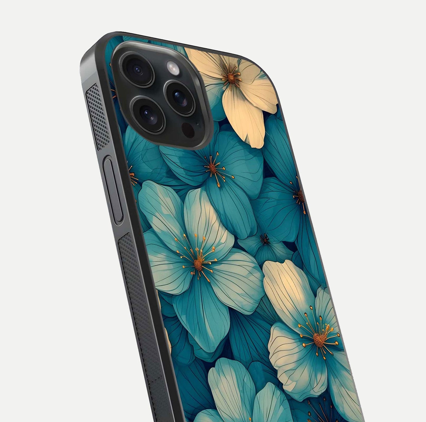 Blue Shade Floral Glass Case for iPhone 15 Pro close-up angle showing flower print precision and reflection