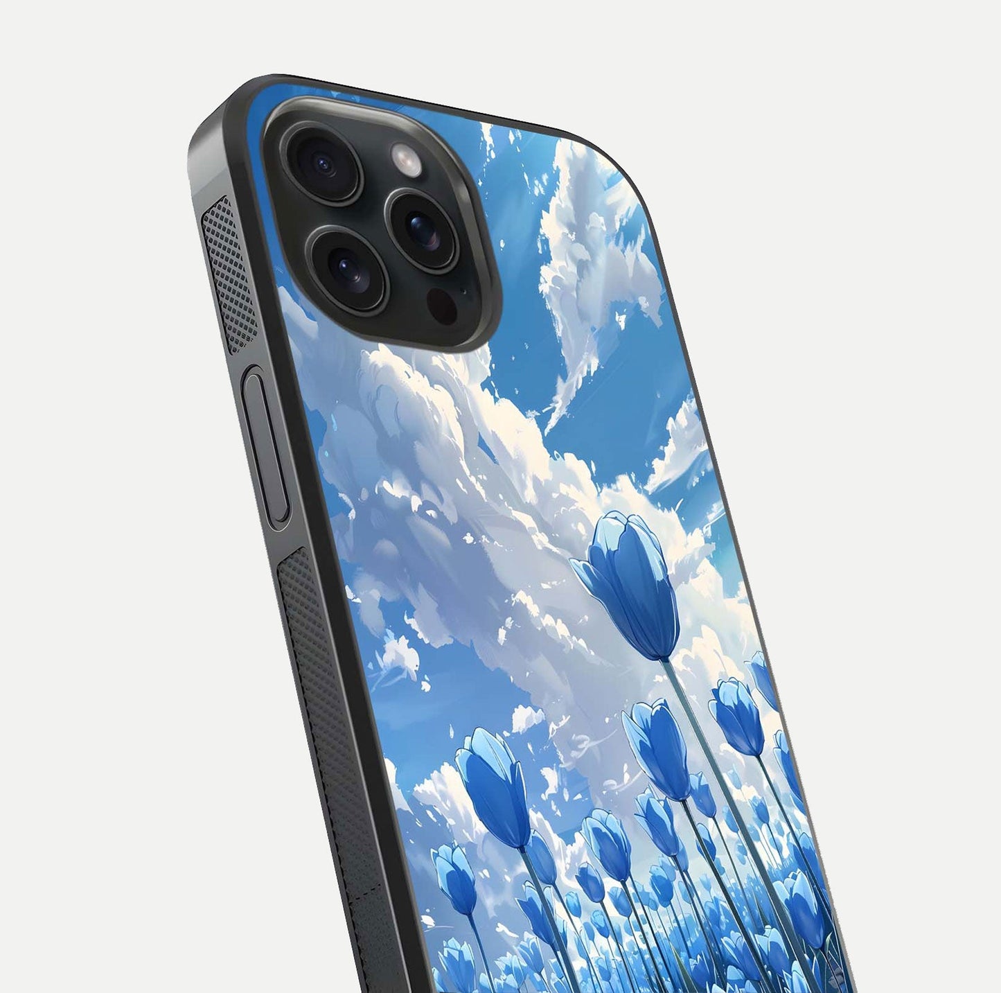 Blue Tulip Clouds Glass Case for iPhone 15 Pro close-up image highlighting tulip petals, clouds, and reflection texture